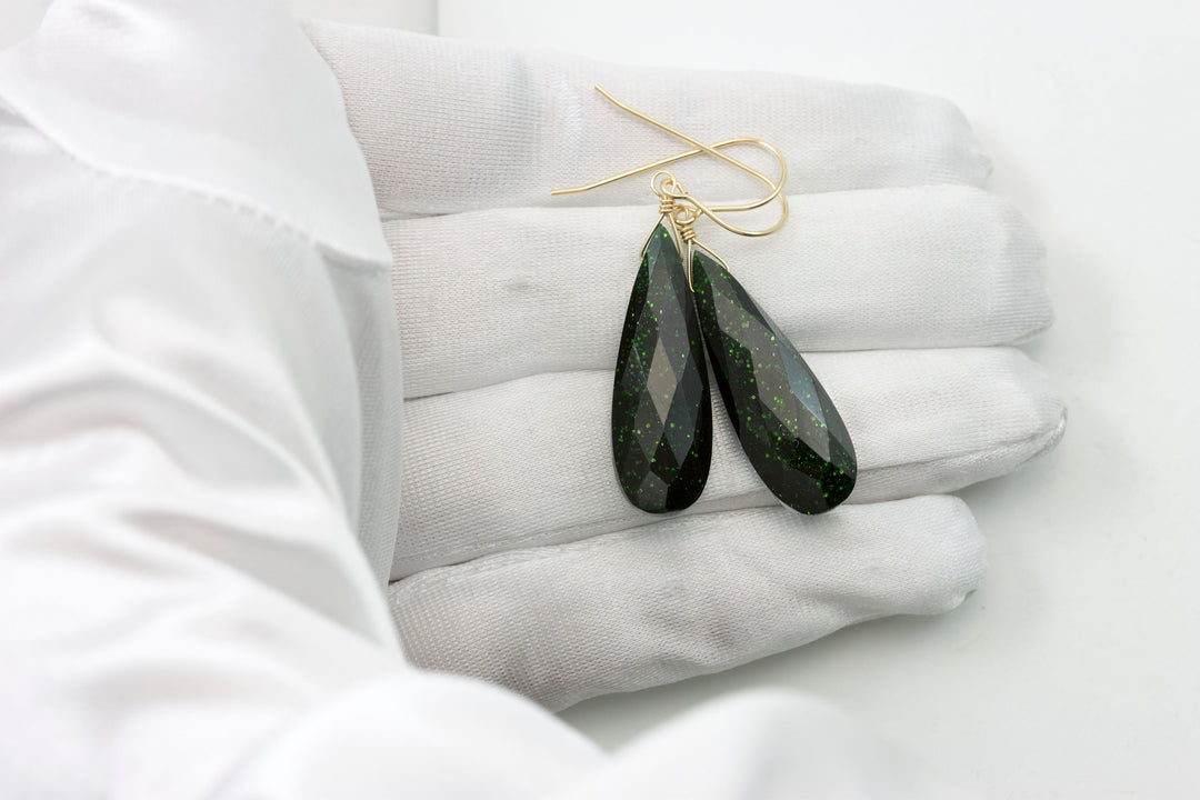 Goldstone Earrings Green Sparkly long faceted Teardrops dangle drops Sterling Silver or 14k Solid Yellow Gold or filled Spyglass Designs
