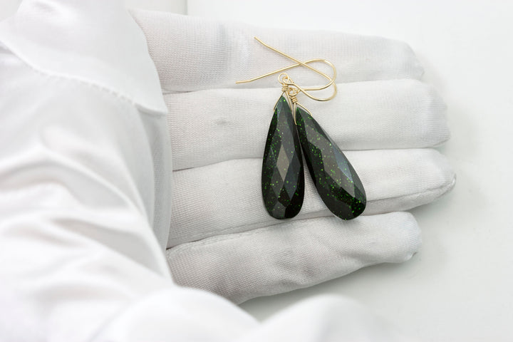 Goldstone Earrings Green Sparkly long faceted Teardrops dangle drops Sterling Silver or 14k Solid Yellow Gold or filled Spyglass Designs