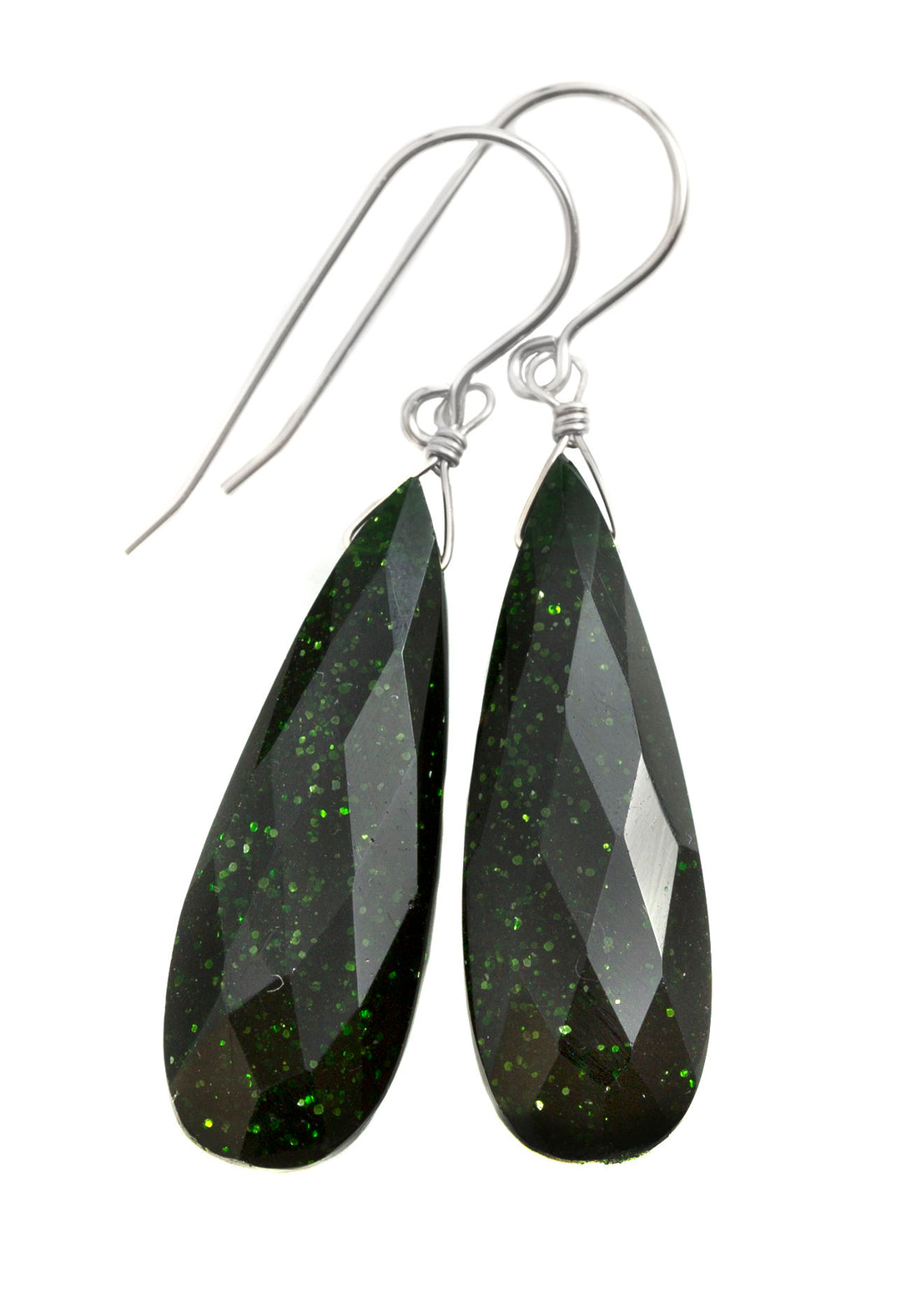 Goldstone Earrings Green Sparkly long faceted Teardrops dangle drops Sterling Silver or 14k Solid Yellow Gold or filled Spyglass Designs