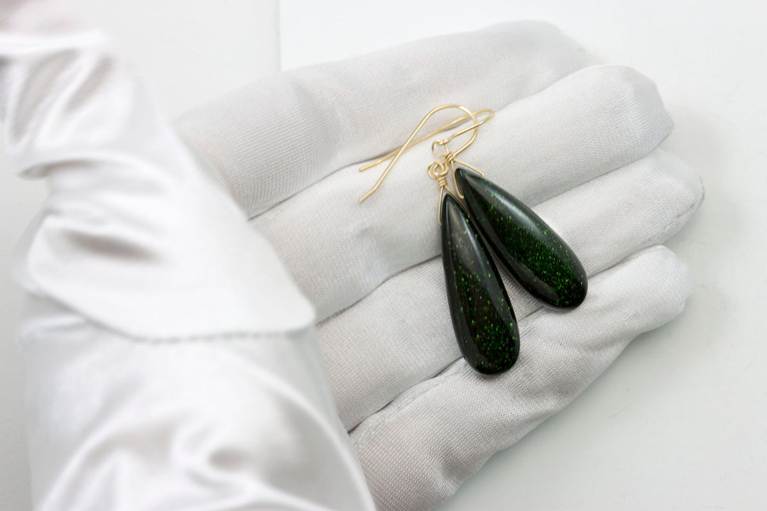 Goldstone Earrings Green Sparkly long smooth Teardrops dangle drops Sterling Silver or 14k Solid Yellow Gold or filled Spyglass Designs