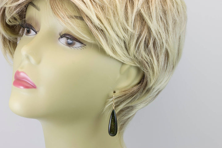 Goldstone Earrings Green Sparkly long smooth Teardrops dangle drops Sterling Silver or 14k Solid Yellow Gold or filled Spyglass Designs