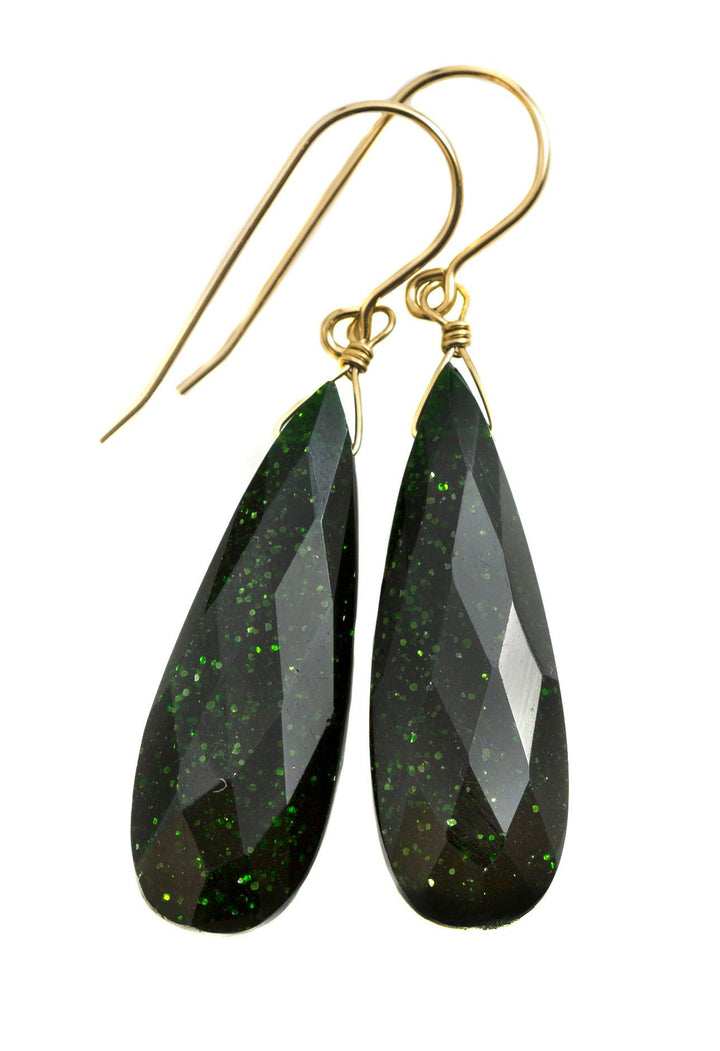 Goldstone Earrings Green Sparkly long faceted Teardrops dangle drops Sterling Silver or 14k Solid Yellow Gold or filled Spyglass Designs