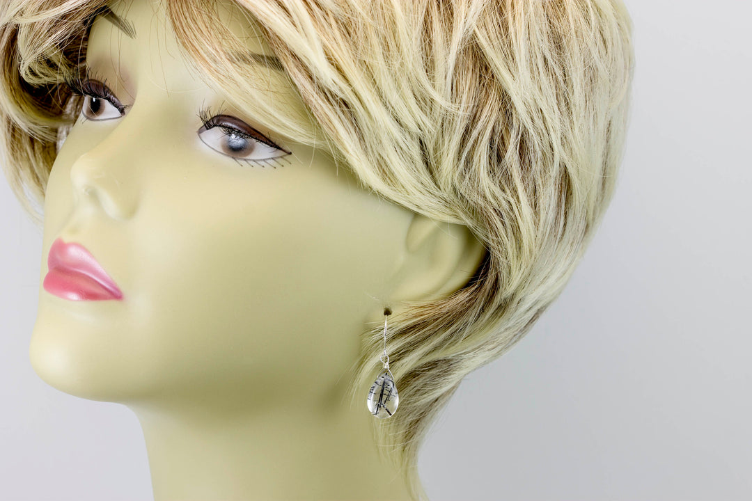Black Rutile Tourmalated Quartz Earrings Smooth Dangle Thick Rutilated Teardrops 14k Solid Gold or Filled or Sterling Silver Simple Drop