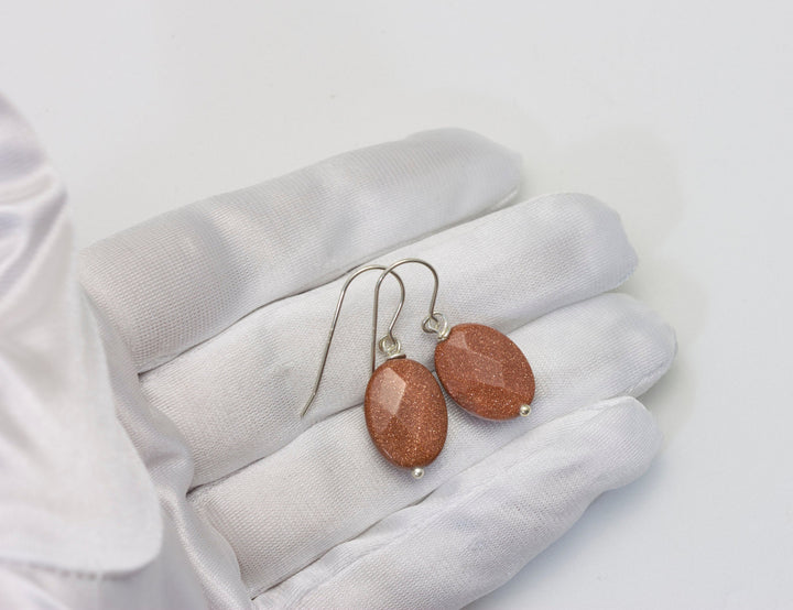 Goldstone Earrings Golden Sparkly Oval Teardrop dangle drop Sterling Silver or 14k Solid Yellow Gold or filled Spyglass Designs Drops Simple