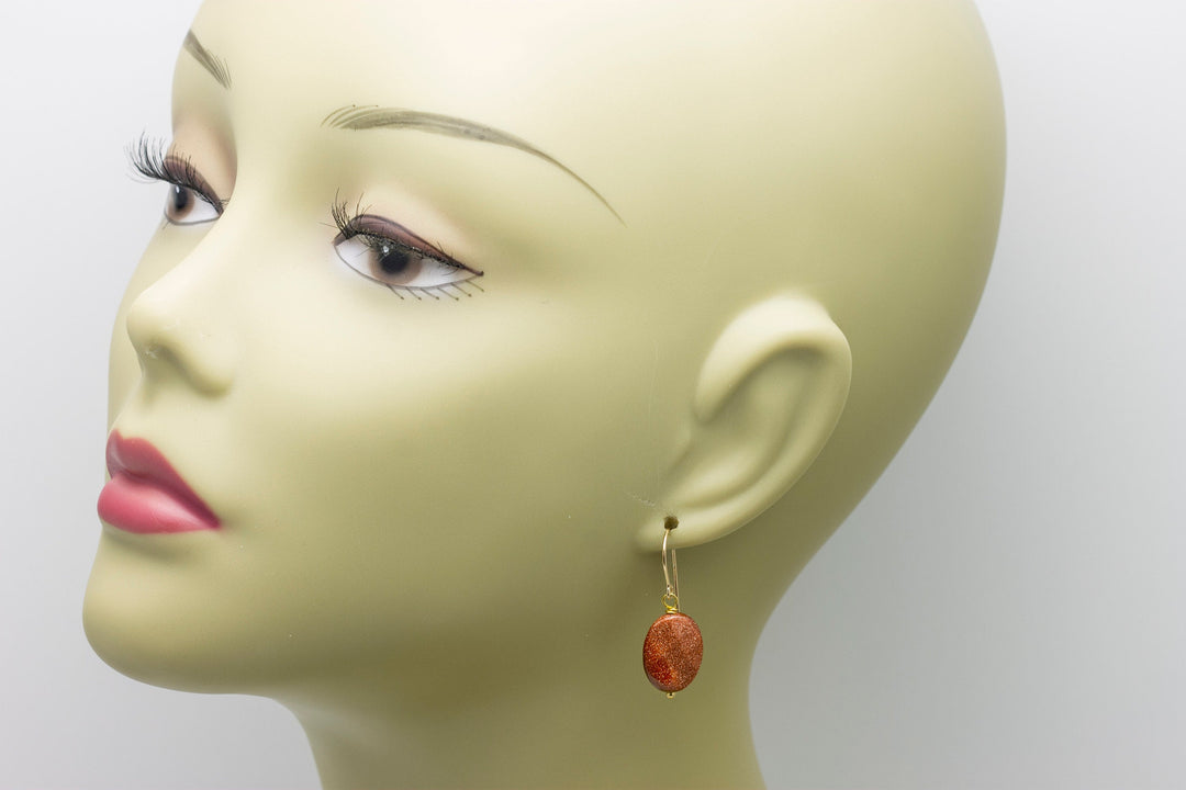 Goldstone Earrings Golden Sparkly Oval Teardrop dangle drop Sterling Silver or 14k Solid Yellow Gold or filled Spyglass Designs Drops Simple