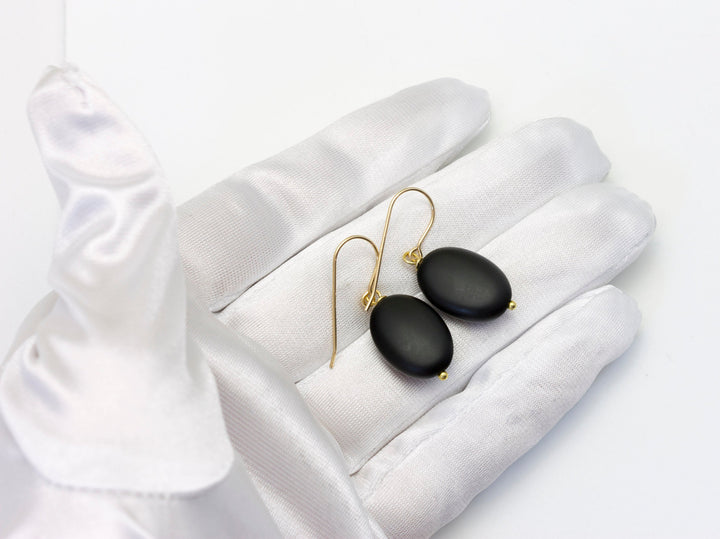 Black Onyx Earrings Sterling Silver or 14k Solid Gold or Filled Smooth Polished Matt Oval Teardrop Dangle Simple Classic Neutral Drops