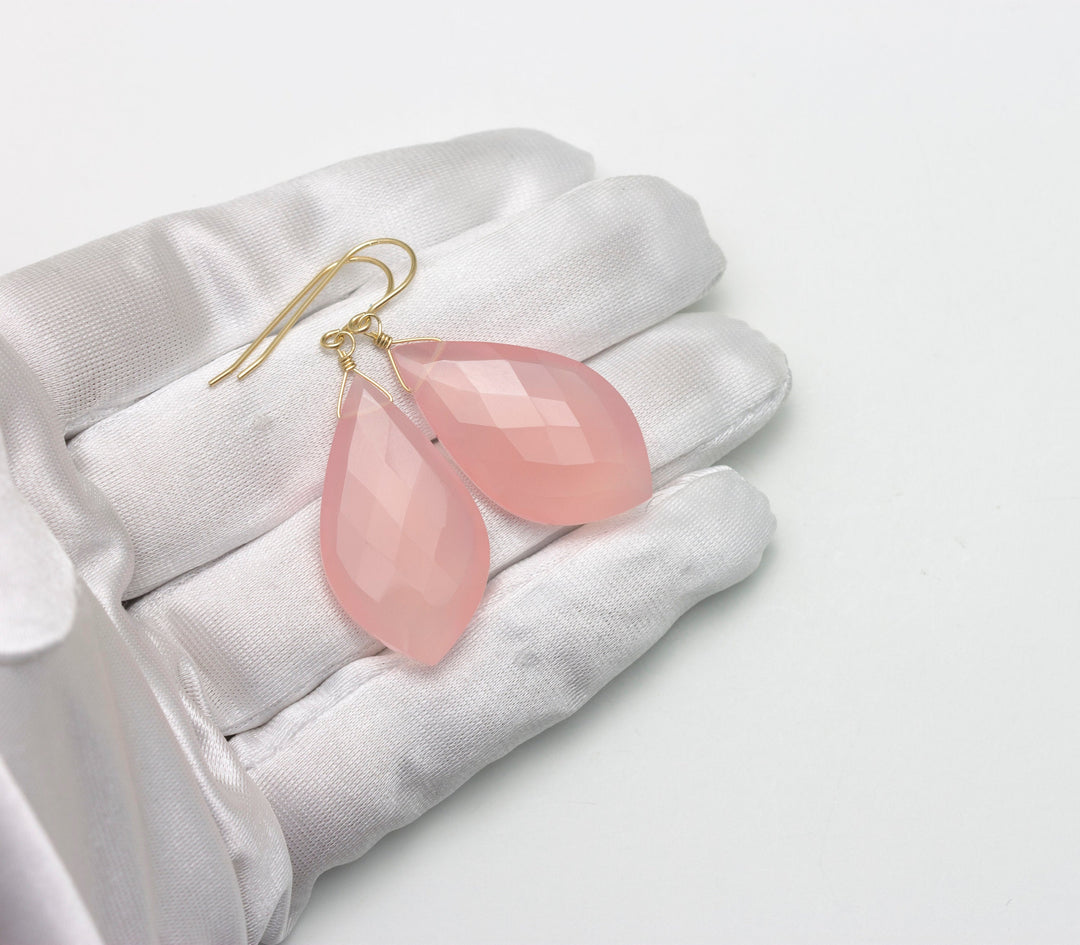 Pink Chalcedony Earrings Sterling Silver or 14k Solid Yellow Gold or Filled Faceted Pointed Teardrops X Large Pear Briolettes  2 Inch Drops