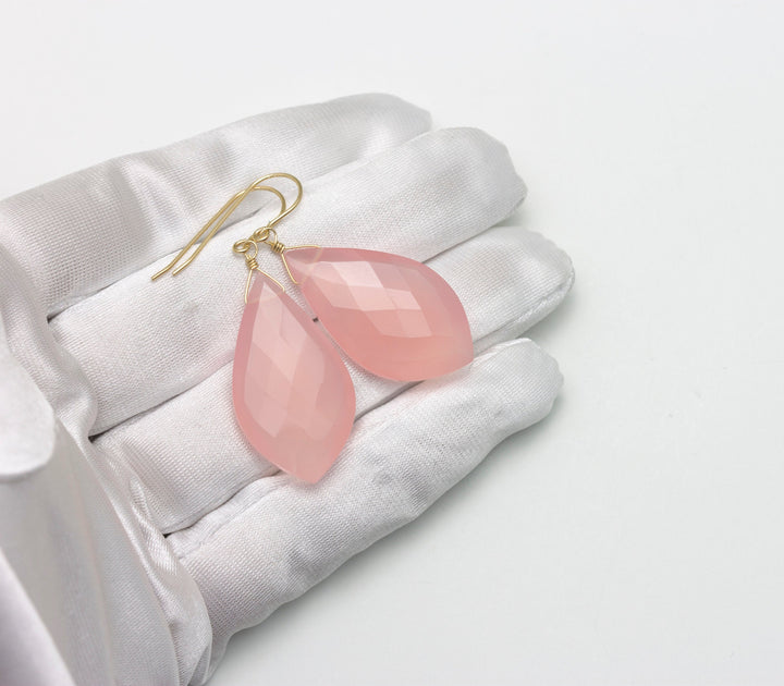 Pink Chalcedony Earrings Sterling Silver or 14k Solid Yellow Gold or Filled Faceted Pointed Teardrops X Large Pear Briolettes  2 Inch Drops