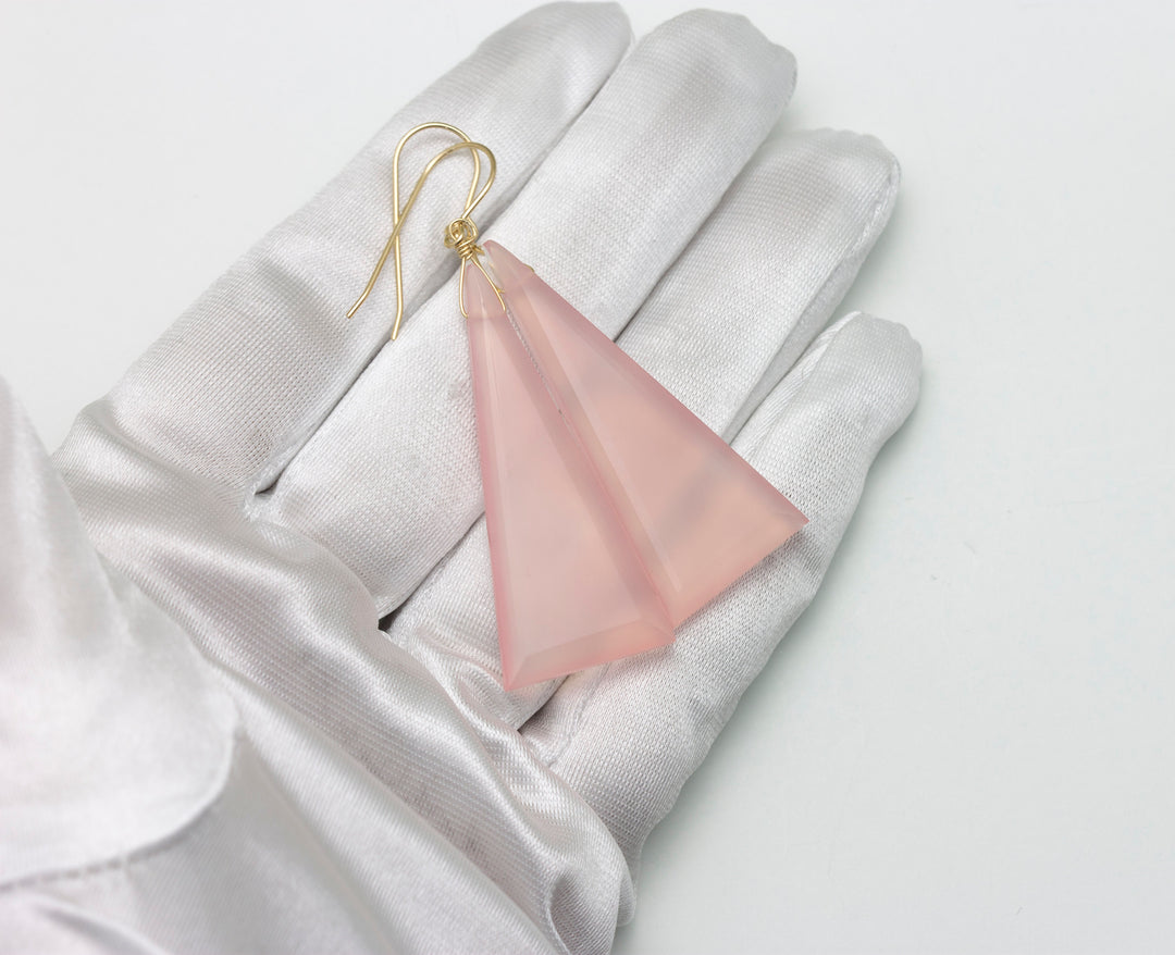 Pink Chalcedony Earrings Sterling Silver or 14k Solid Yellow Gold or Filled Faceted Triangle Teardrops X Large Beveled  2.5 Inch Drops
