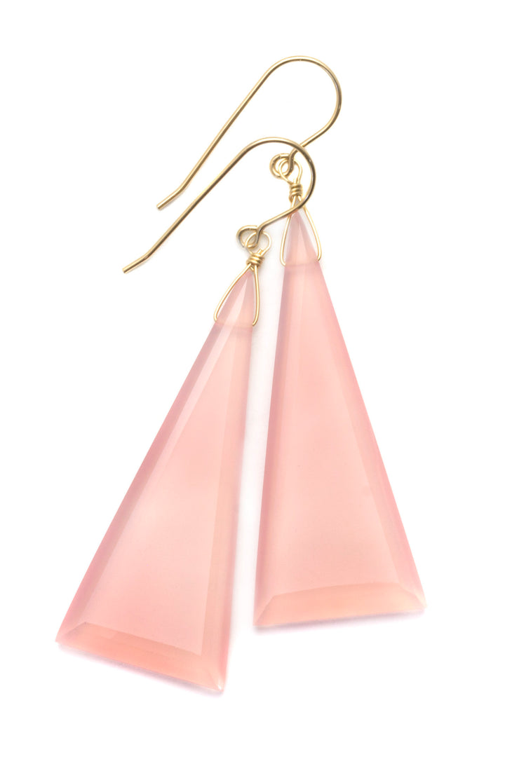 Pink Chalcedony Earrings Sterling Silver or 14k Solid Yellow Gold or Filled Faceted Triangle Teardrops X Large Beveled  2.5 Inch Drops
