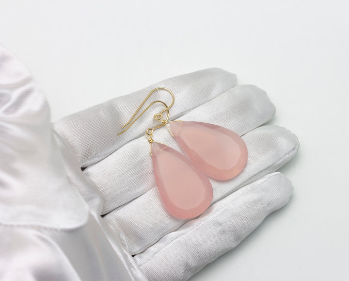 Pink Chalcedony Earrings Sterling Silver or 14k Solid Yellow Gold or Filled Faceted Fat Pear Teardrops X Large Beveled  2 Inch Drops