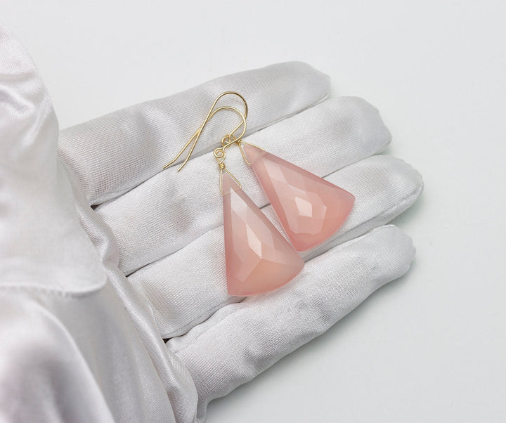 Pink Chalcedony Earrings Sterling Silver or 14k Solid Yellow Gold or Filled Faceted Pointed Triangle X Large Contemporary  2 Inch Drops