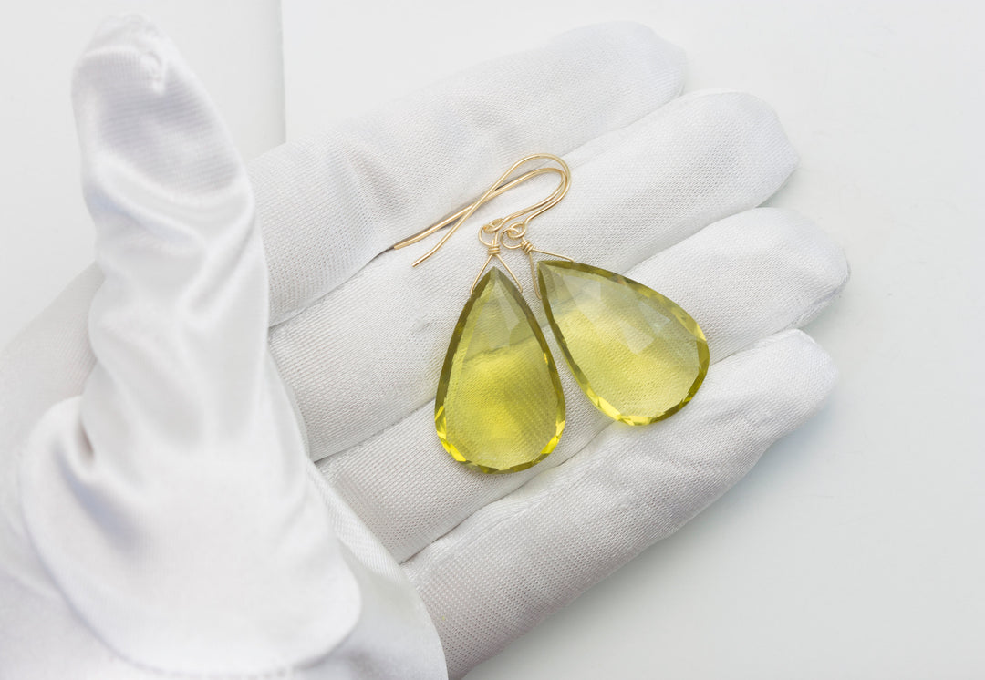Lemon Yellow Quartz Earrings Large Wide Teardrop Faceted  Drop Sterling Silver or 14k Solid Yellow Gold or Rose Filled Simple Classic Dangle