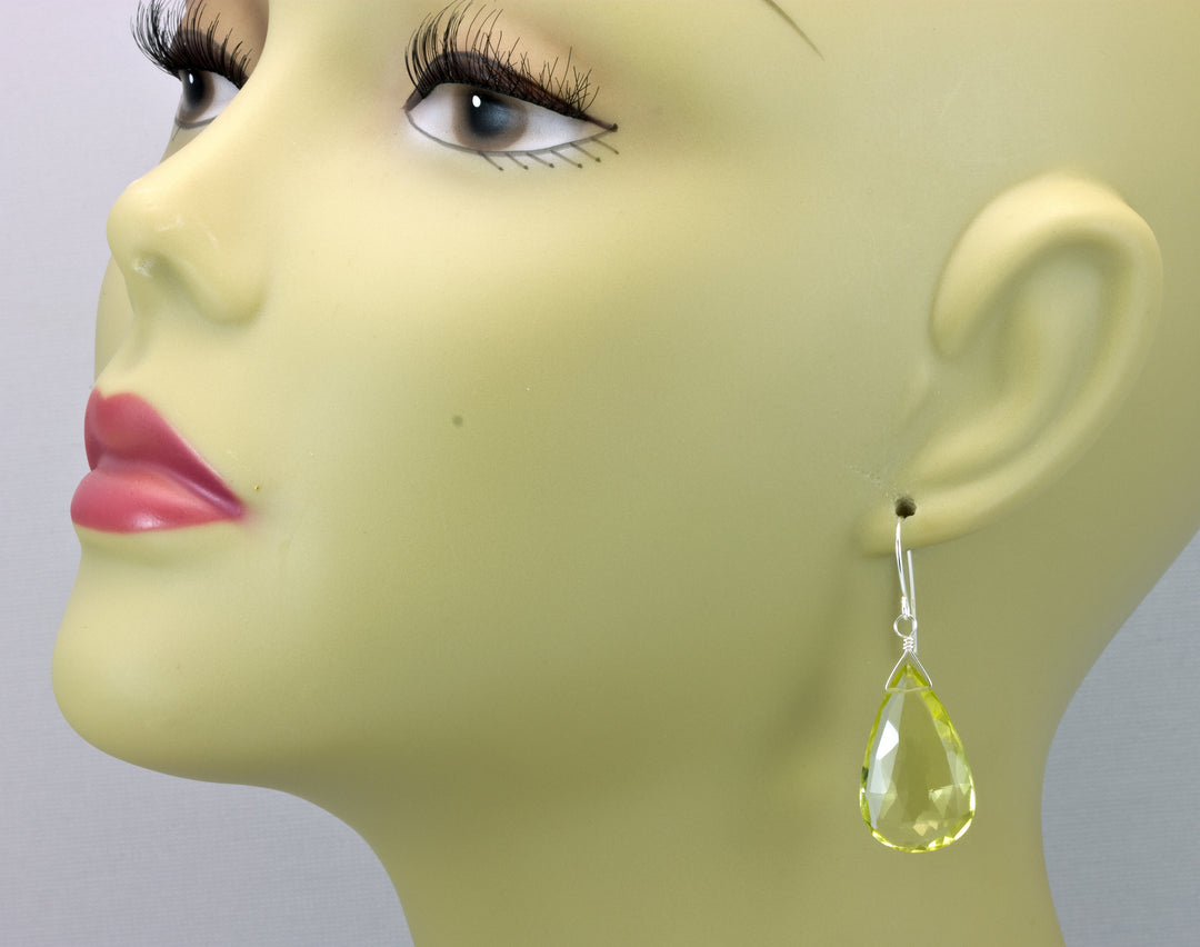 Lemon Yellow Quartz Earrings Large Wide Teardrop Faceted  Drop Sterling Silver or 14k Solid Yellow Gold or Rose Filled Simple Classic Dangle