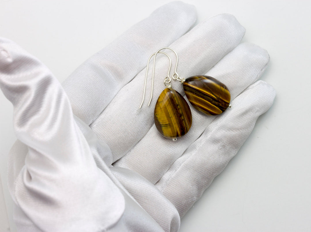 Tiger's Eye Earrings Smooth Large Teardrop dangle Sterling Silver or 14k Solid Yellow Gold or Filled Spyglass Designs Natural Tiger Eye