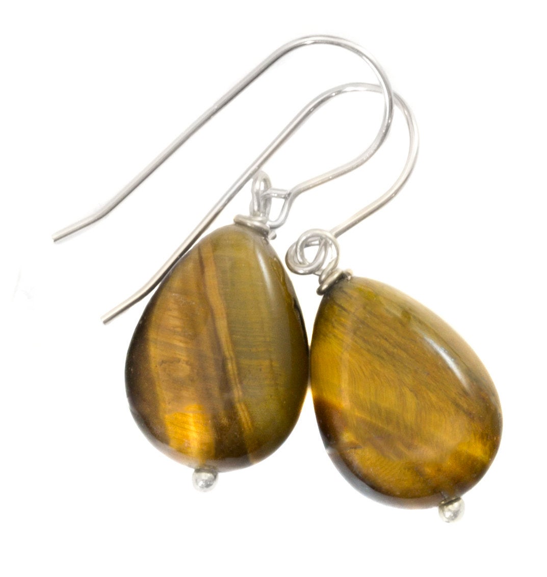 Tiger's Eye Earrings Smooth Dainty Teardrops dangle Sterling Silver or 14k Solid Yellow Gold or Filled Spyglass Designs Natural Tiger Eye