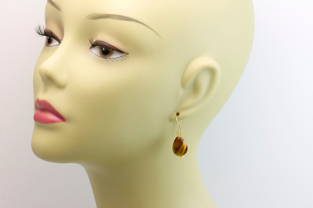 Tiger's Eye Earrings Smooth Dainty Teardrops dangle Sterling Silver or 14k Solid Yellow Gold or Filled Spyglass Designs Natural Tiger Eye