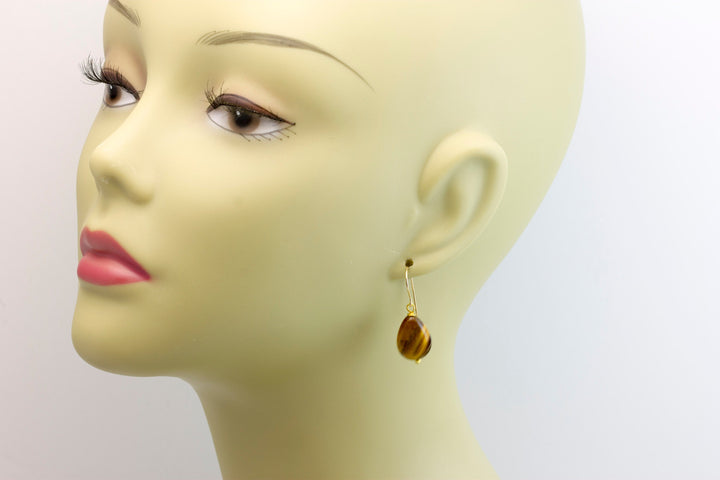 Tiger's Eye Earrings Smooth Dainty Teardrops dangle Sterling Silver or 14k Solid Yellow Gold or Filled Spyglass Designs Natural Tiger Eye