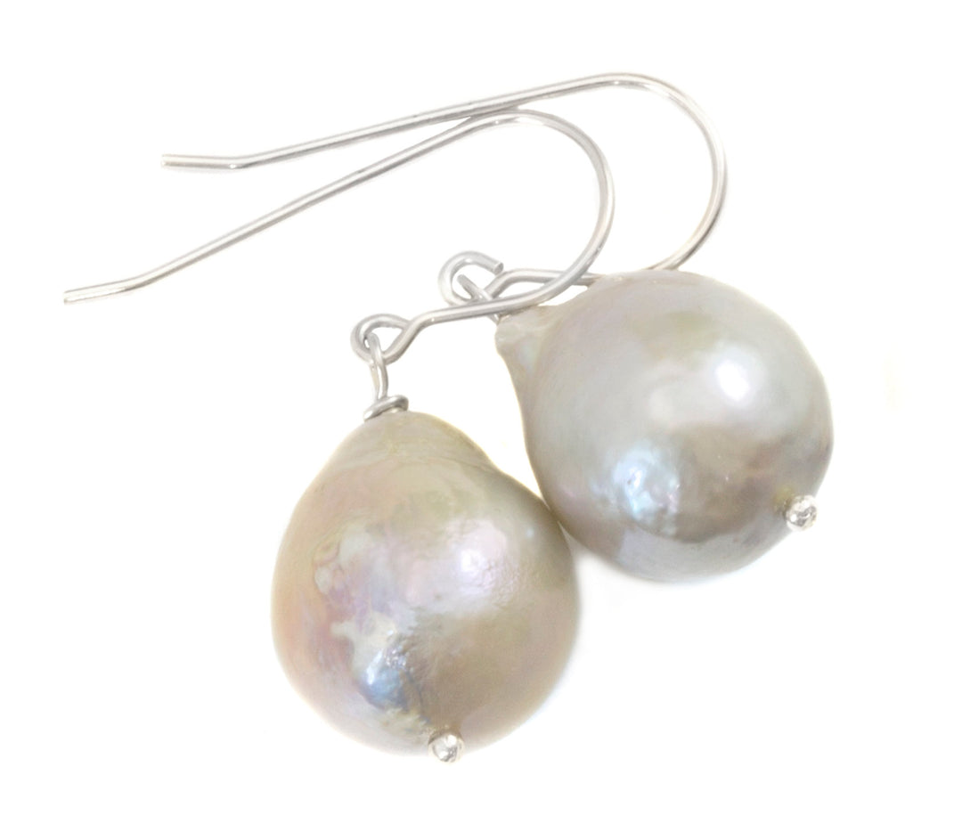 Baroque Pearl Earrings Sterling Silver or 14k Solid Yellow Gold or Filled Grey and Pink Simple Dainty Pearls Freshwater Unique Drops