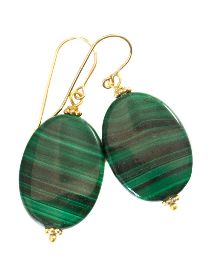 Malachite Earrings Green large oval smooth Natural Dangle Drops Sterling Silver or 14k Solid Yellow Gold or Filled simple design