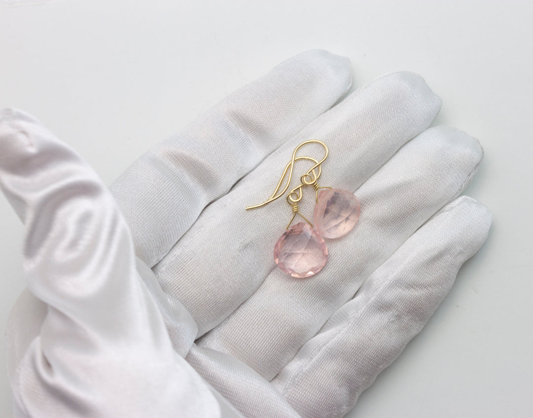 Rose Quartz Earrings Pink Dainty Heart Teardrop Dangle Sterling Silver or 14k solid Gold or Filled Classic Faceted Simple Everyday