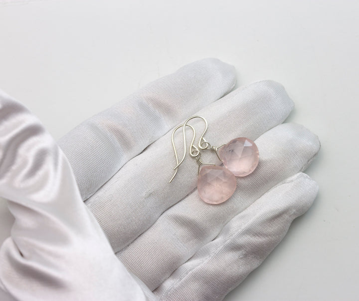Rose Quartz Earrings Pink Dainty Heart Teardrop Dangle Sterling Silver or 14k solid Gold or Filled Classic Faceted Simple Everyday