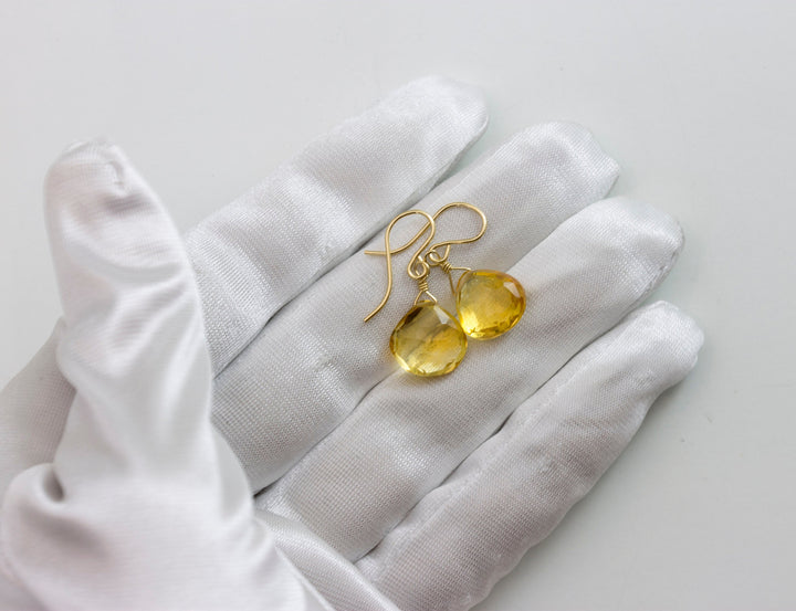 Natural Yellow Citrine Earrings faceted Heart Drop 14k solid gold or filled or Sterling Silver Spyglass Designs Simple Teardrops Lightweight