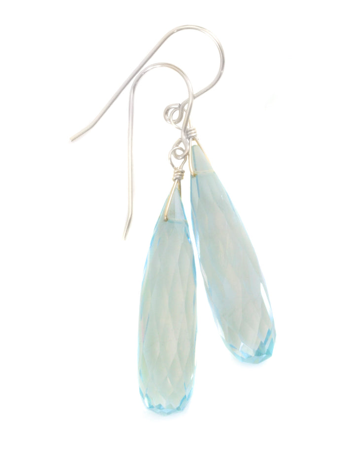 Aquamarine Earrings faceted Simulated Aqua Long Rounded Briolette  Dangle Teardrop Sterling Silver or 14k Solid Gold or Filled Soft Blue