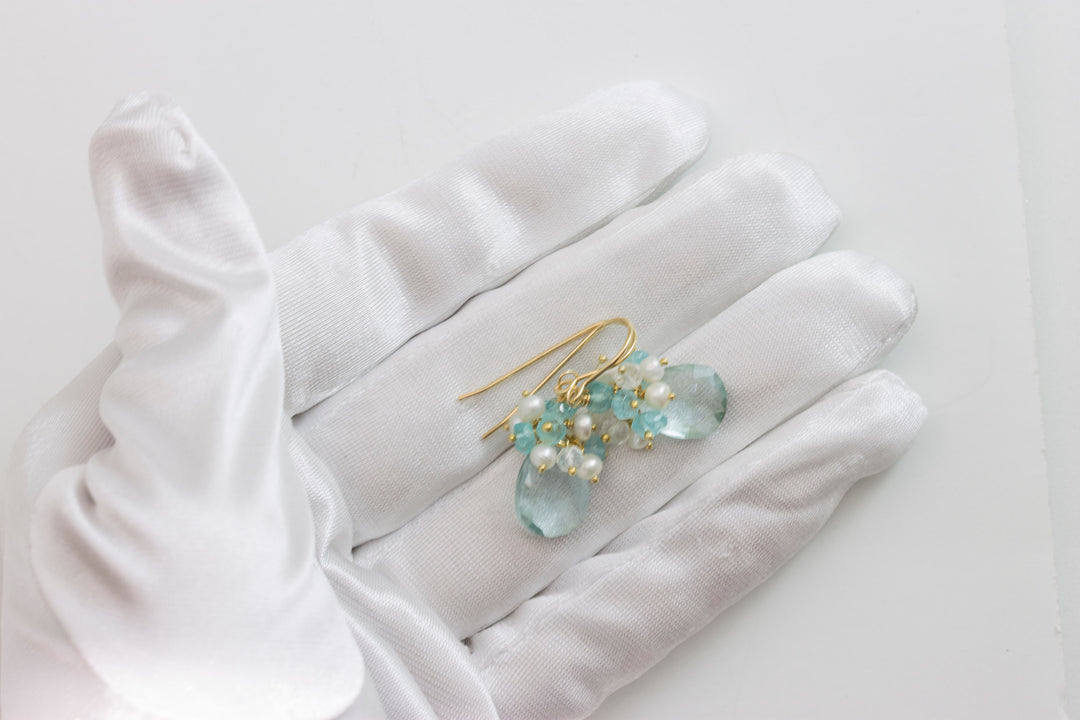Cluster Earrings Sim Aquamarine faceted Teardrop and seed pearls 14k solid gold or filled or sterling silver pale blue quartz aquamarine