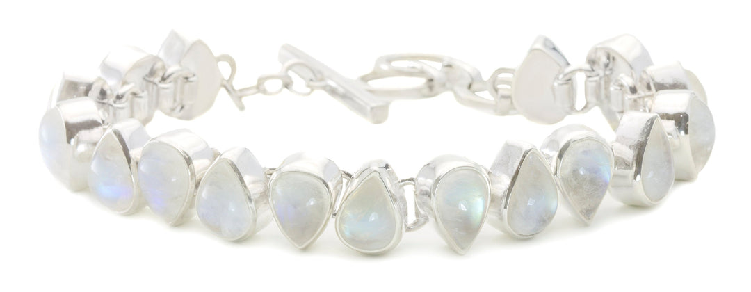 Moonstone Bracelet Bezel Set Sterling Silver Smooth Rainbow 7 to 7 3/4 Inches Natural Rainbow Blue Flash Adjustable Toggle Clasp Pear Shape