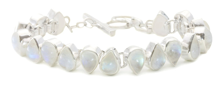 Moonstone Bracelet Bezel Set Sterling Silver Smooth Rainbow 7 to 7 3/4 Inches Natural Rainbow Blue Flash Adjustable Toggle Clasp Pear Shape