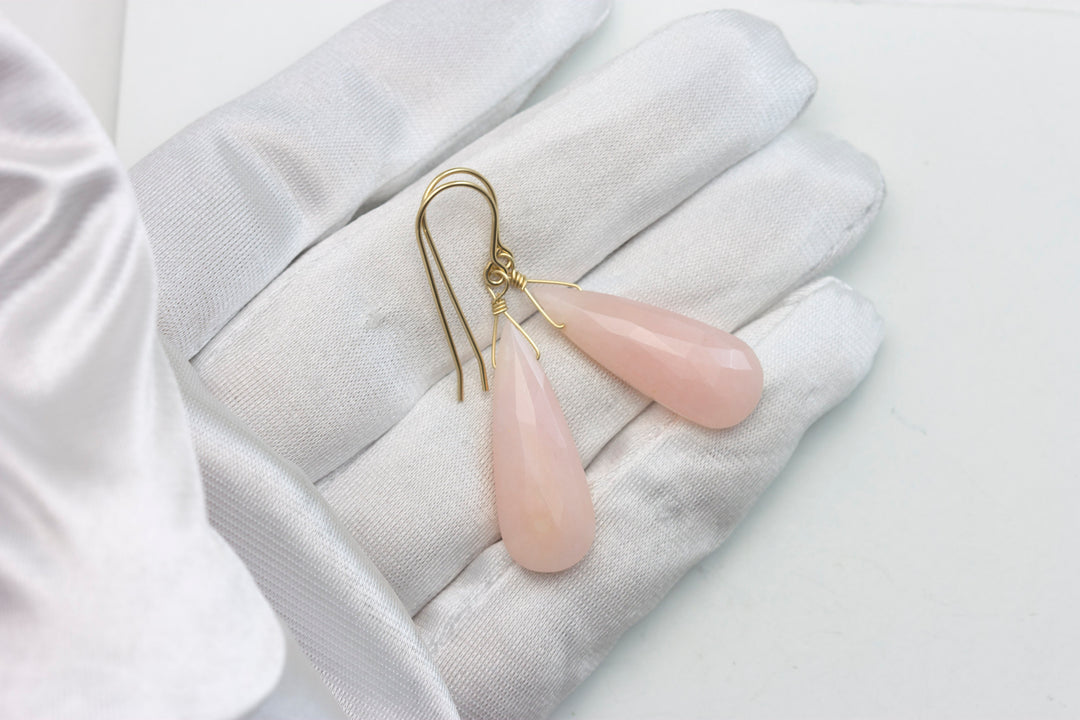 Pink Peruvian Opal Earrings Faceted Long Pear Teardrops 14k Solid Yellow Gold or Filled or Sterling Silver Simple Soft Pink Opals Earthy