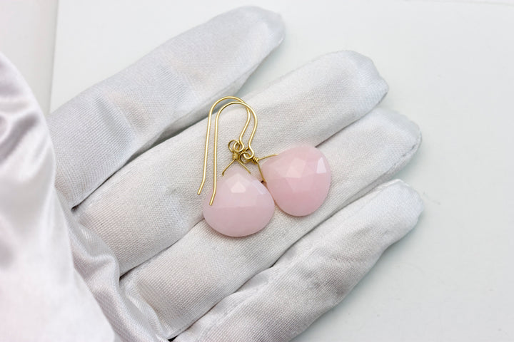 Pink Peruvian Opal Earrings Large Faceted Heart Teardrops 14k Solid Gold or Filled or Sterling Silver Simple Soft Pink Opals Earthy