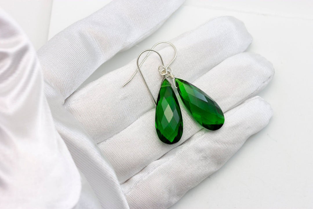 Emerald Green Earrings Faceted Simulated Emerald Pear Long Teardrop Drop Dangles Sterling Silver or 14k Solid Yellow Gold or Filled Simple
