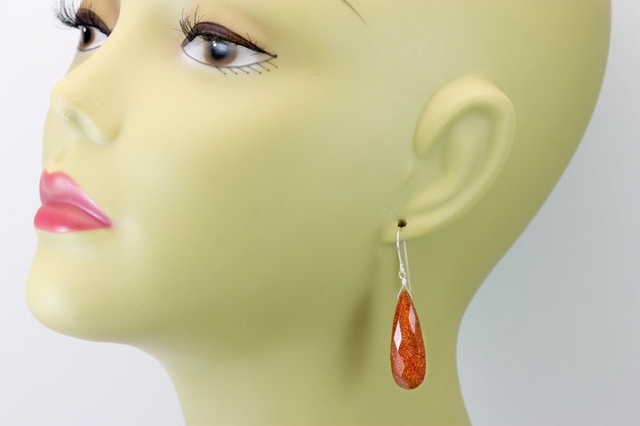 Goldstone Earrings Golden Sparkly long faceted Teardrop dangle drops Sterling Silver or 14k Solid Yellow Gold or filled Spyglass Designs