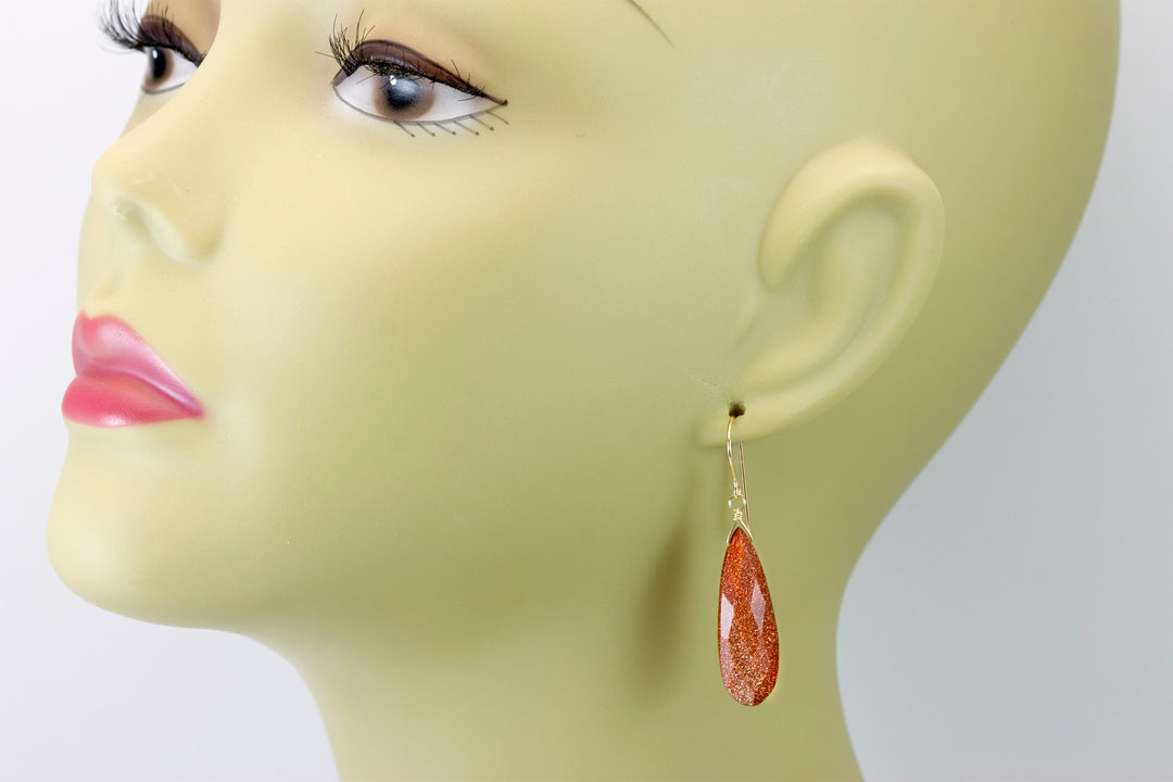 Goldstone Earrings Golden Sparkly long faceted Teardrop dangle drops Sterling Silver or 14k Solid Yellow Gold or filled Spyglass Designs