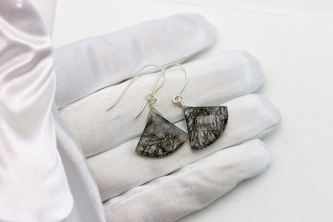 Black Rutile Quartz Earrings 14k Solid Yellow Gold or Filled or Sterling Silver Faceted Fan Tourmalated Rutilated Heart Teardrop Simple Drop