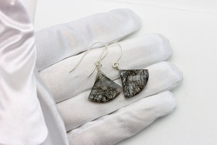 Black Rutile Quartz Earrings 14k Solid Yellow Gold or Filled or Sterling Silver Faceted Fan Tourmalated Rutilated Heart Teardrop Simple Drop