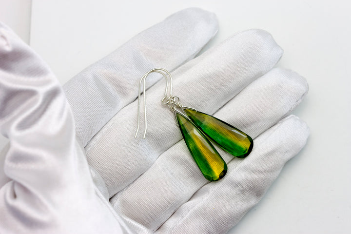Bicolored Sim Tourmaline Earrings Faceted Teardrop Green Yellow Amber Long Sterling Silver or 14k Solid Gold or Filled Unique Simple Drop