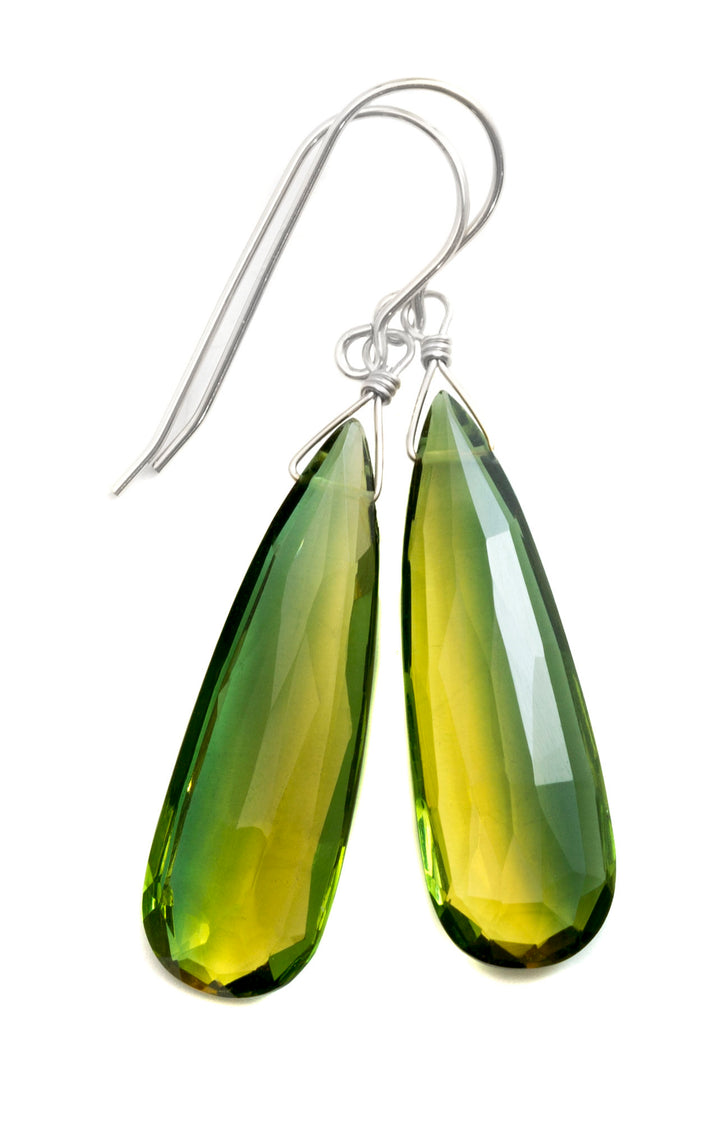 Bicolored Sim Tourmaline Earrings Faceted Teardrop Green Yellow Amber Long Sterling Silver or 14k Solid Gold or Filled Unique Simple Drop