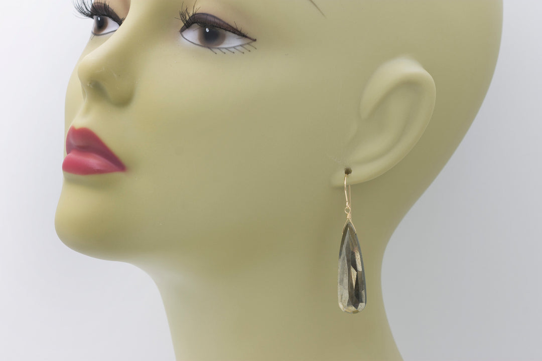 Natural Pyrite Earrings 14k solid gold or filled or Sterling Silver 2 Inches Natural large long faceted Teardrops Simple Earthy Neutral