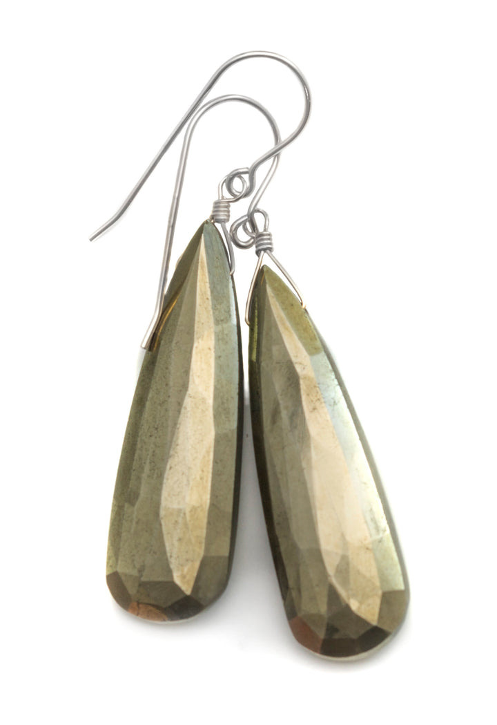 Natural Pyrite Earrings 14k solid gold or filled or Sterling Silver 2 Inches Natural large long faceted Teardrops Simple Earthy Neutral