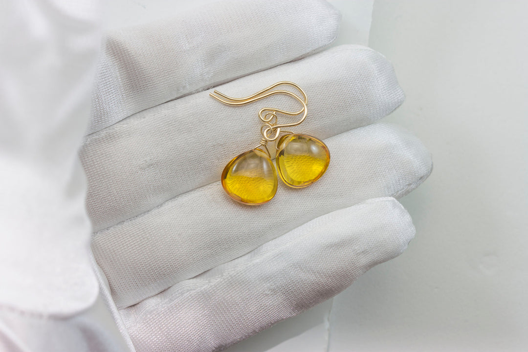 Yellow Citrine Earrings Smooth Sim Heart Drop 14k solid gold or filled or Sterling Silver Spyglass Designs Simple Teardrops Lightweight