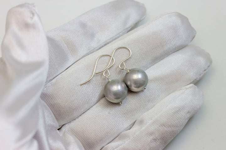 Silvery Gray Pearl Earrings Freshwater Cultured Pearls Sterling Silver or 14k Solid Gold or Filled Oval Round Shape Soft Grey Simple Drops
