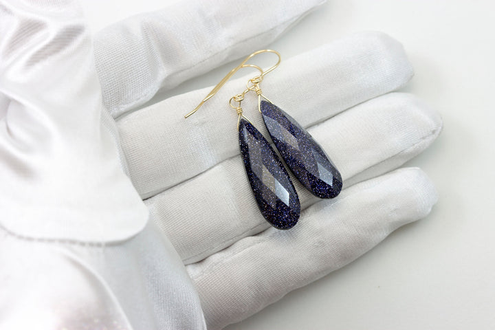 Goldstone Earrings Blue Sparkly long faceted Teardrops dangle drops Sterling Silver or 14k Solid Yellow Gold or filled Spyglass Designs