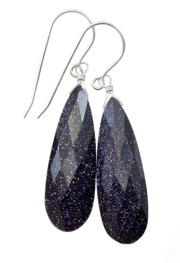 Goldstone Earrings Blue Sparkly long faceted Teardrops dangle drops Sterling Silver or 14k Solid Yellow Gold or filled Spyglass Designs