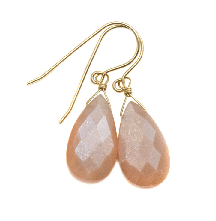 Peach Moonstone Earrings Sterling Silver or 14k solid Gold or Filled Faceted Pear Teardrops  Everyday Peachy Pink Shimmery Natural Drops