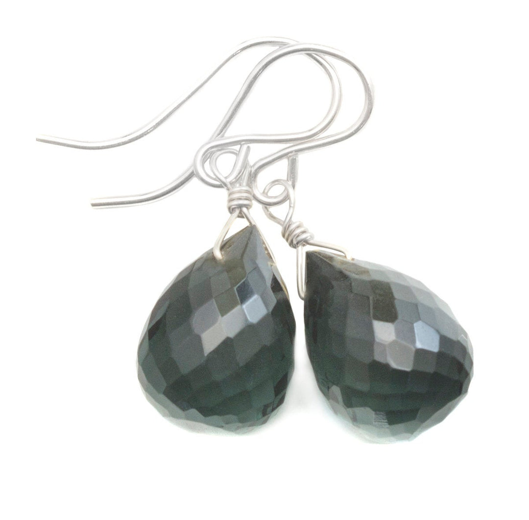 Smokey London Blue Gray Earrings Faceted Rounded Briolette teardrop Sim Smoky topaz  terling Silver or 14k Solid Gold or Filled Simple Drops