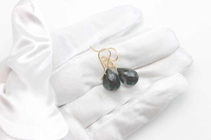 Smokey London Blue Gray Earrings Faceted Rounded Briolette teardrop Sim Smoky topaz  terling Silver or 14k Solid Gold or Filled Simple Drops