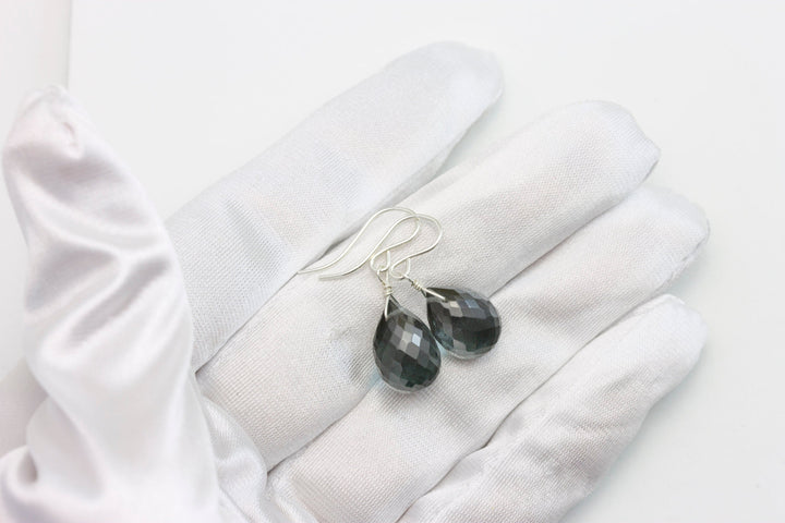 Smokey London Blue Gray Earrings Faceted Rounded Briolette teardrop Sim Smoky topaz  terling Silver or 14k Solid Gold or Filled Simple Drops